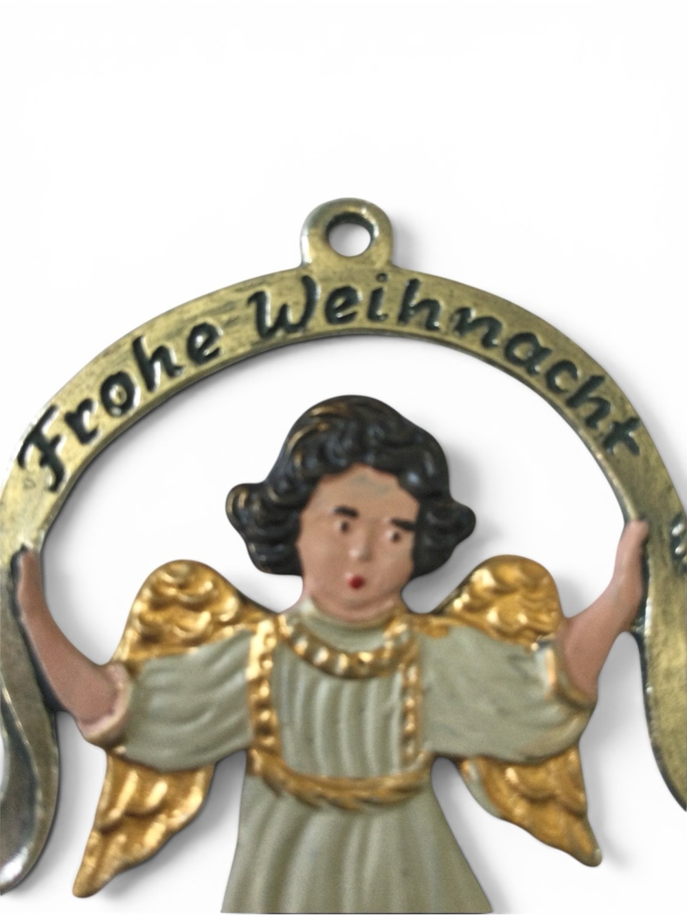 Vtg KUEHN ZINN German Hand-Painted Pewter Angel Ornament - "Frohe Weihnach" - Picture 8 of 9